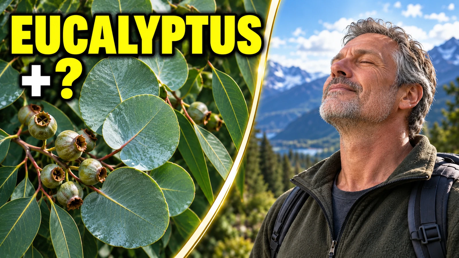 EUCALYPTUS + ? above recognizable eucalyptus branches, separated by a curved diagonal from an illustrative man around 55 in the mountains